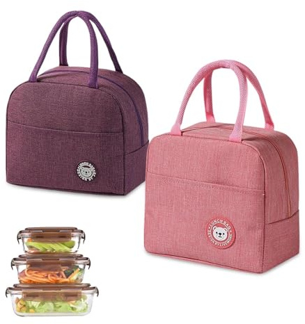 LNSYSNS 2 Stück Isolierte Lunchtasche, Faltbarer Thermotasche Klein, Tragbarer Lunchbox Tasche, Rosa und Lila, Lunch Kühltasche für Büro, Schule und Camping