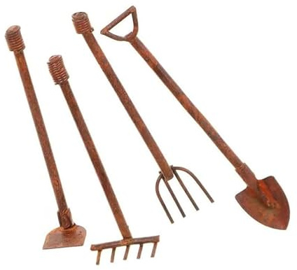 4 Pcs Miniature Dollhouse Garden Tools 1:12 Mini Rusty Shovel Hoe and Pitchfork Fairy Garden Accessories Furniture Ornaments Micro Landscape Decor Garden Sculptures Statues, Decorations