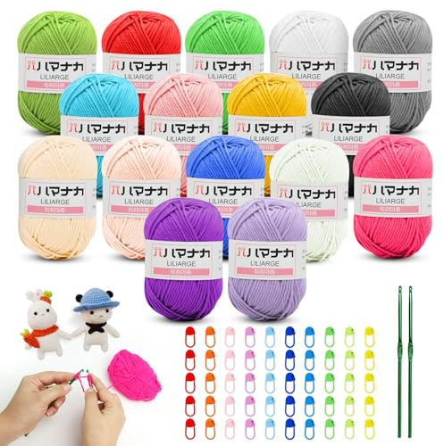 RoyalChic Häkelgarn 16 Farben x 25g Wolle zum Häkeln mit 50 Stück bunte Maschenmarkierer und 2 Stück 4mm Ergonomische Häkelnadeln Set Häkelset für Anfänger von Schals, Pullovern, Decken (16-Farben)