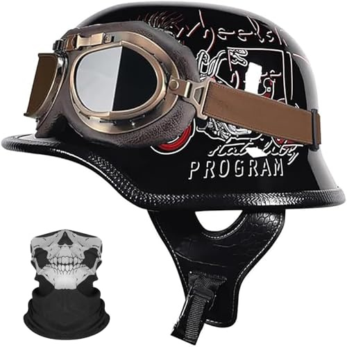 Casco Da Motociclista In Stile Tedesco, Casco Vintage A Mezza Calotta Per Adulti, Uomo E Donna, Omologato ECE22.06, Casco Retrò Con Occhiali Protettivi B6,L/(59~60cm)