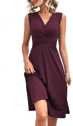 QUNERY Robe Femme Col en V Robes Manches Elégante A-Line Casual et Chic Dress Été Couleur Unie Mini
