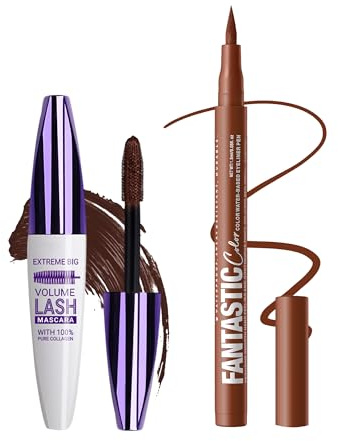 Braun Wimperntusche & Eyeliner Set, Wasserfest, Langhaltende, Wischfester | 5D Silk Fiber Telescopic Mascara Volumen und Länge, Schnelltrocknend Liquid Eyeliner, Hochpigmentiert Augen-Makeup für Frauen