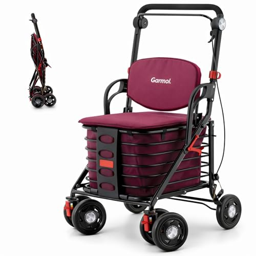 GARMOL Carro de Compra Relax con Asiento Acolchado 30L | Plegable, con Freno de Mano y Seguridad, Asa Regulable | Ideal para Personas Mayores hasta 120 kg (Burdeos)
