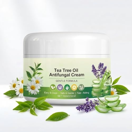 Tea Tree Oil Cream for Fungal-Prone Skin – Suitable for Athlete’s Foot, Jock Itch, Ringworm, Tinea Versicolor & Seborrheic Dermatitis – Hydrating Formula with Aloe Vera, Lavender & Chamomile – 100g