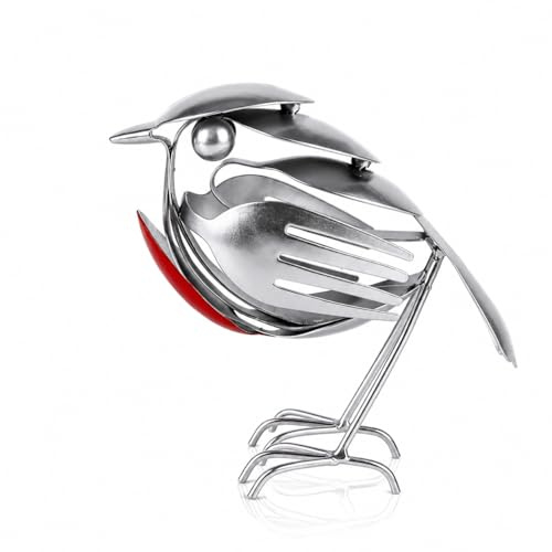 Recycled Metal Robin Statue 2.0, Handmade Fork And Spoon Scrap Art Decor, Rustic Bird Figurine, Anti Rust Sculpture, Outdoor Garden Yard Patio Indoor Home Ornament, Unique Gift for Bird Lovers