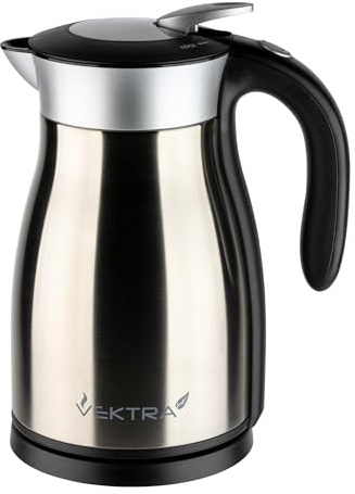 Vektra Kettle, Series 1 in Stainless Steel, vacuum insulated environmentally eco-friendly kettle, stainless steel finish, plastic handle, 1.7 litre