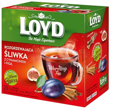 LOYD - Wärmender Tee Pflaume, Feige, Ingwer, Zimt - 20 Pyramidenbeutel - Teemischung mit Hibiskusblüten, Aroniafrüchten, Pflaumen, Brombeerblättern & Gewürze - Süß, Wärmt an Kalten Wintertagen - 40g