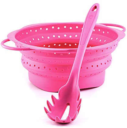 Kochblume Pastalöffel & Faltsieb L 2er Set | Premium-Silikon | Hitzebeständig | Spülmaschinenfest | Farbe: pink