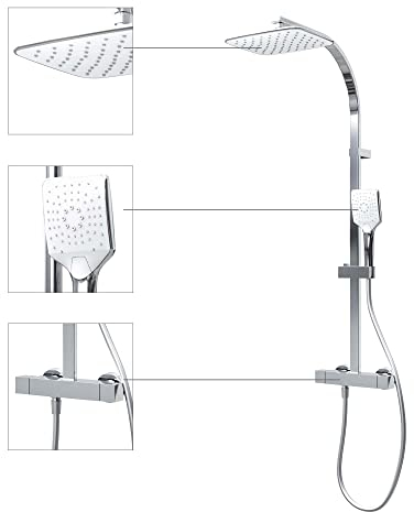 Schulte DuschMaster Rain II mit Sicherheitsthermostat White Style, Duschystem mit Kopf- und Handbrause, D96354