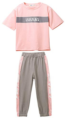 amropi Filles Ensembles Jogging Pantalon et Haut T-Shirt à Manches Courtes Eté Survêtement Rose Gris,9-10 Ans
