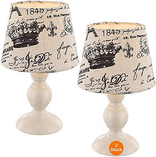 Nachttischlampe 2er Set Vintage – Tischlampe Wohnzimmer Metall – Dekolampe Innen Fensterbank – Tischleuchte Lampenschirm E14 Stoff Beige mit Schrift – Nachttischleuchte Schlafzimmer Retro