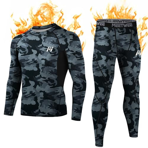 MEETWEE Ensemble de sous-Vêtements Thermiques Homme, Sport Base Layer Maillot Manches Longues + Pantalon Quick Dry Sou Vetement pour L'entraînement Ski Running Randonnée