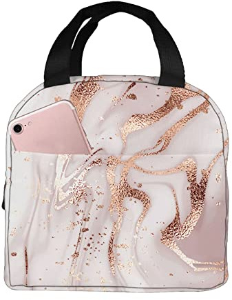 Lunch Bag Insulated Box Marble Painting with Rose Gold Glitter Pink Reusable Tote Portable Leakproof Cooler Front Pocket for Travel/Picnic/Work/School/Office, Gold,pink