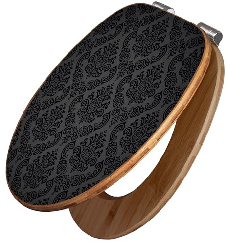 banjado Design WC Sitz Bambus Absenkautomatik 45,8x37,5cm - Toilettendeckel mit Absenkautomatik Holz - hochwertiger Bambus Klodeckel - WC-Sitz für gängigen Toiletten - Motiv Black Deluxe