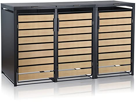 Zelsius Mülltonnenbox 3er für 3 Mülltonnen | 120-240 Liter | Anthrazit RAL 7016 | Tür in Holzoptik inkl. Erweiterungsmöglichkeit | Mülltonnenhäusschen, Mülleimerboxen, 3er Abfalltonnenbox
