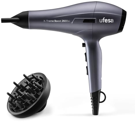 Ufesa X-Treme Boost Secador Iónico Motor Profesional AC 2600W Generador de Iones, 2 Velocidades, 3 Temperaturas, Recubrimiento de Aceite de Argán, Difusor y Concentrador, Golpe Frío