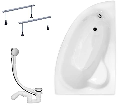 KOLMAN Badewanne NATALIA Eckbadewanne 150x100 Rechts ohne Verkleidung, Ablaufgarnitur und Füßen Komplettset 3in1 Premium Original Acryl Wanne Siphon