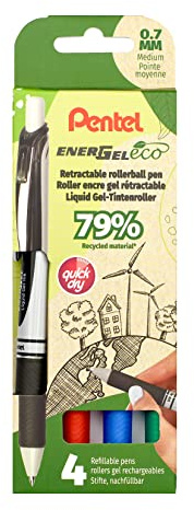 Pentel BL77E-4 EnerGel Eco Gel-Tintenroller mit Druckmechanik, gefertigt mit 79% recycelten Materialien, 4er Set - Schwarz/Rot/Blau/Grün, 1 Stück (4er Pack)