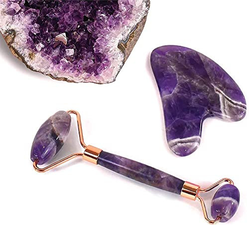 Massagegerät, Massagestab, Massagerolle, Jade-Gesichtsrolle und Gua Sha-Werkzeugset Gesichtsmassagegerät for Frauen – 100 % natürlicher Amethyst – Anti-Aging Beauty Jade Stone Roller for Gesicht, Auge
