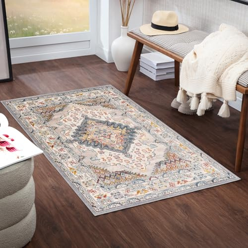 Livabliss Casablanca Vintage Teppich groß - Orientalischer Teppich Wohnzimmer 80x150 cm, Esszimmer, Schlafzimmer - Boho Kurzflor Teppiche für einfache Pflege - Taupe, Blau und Grau