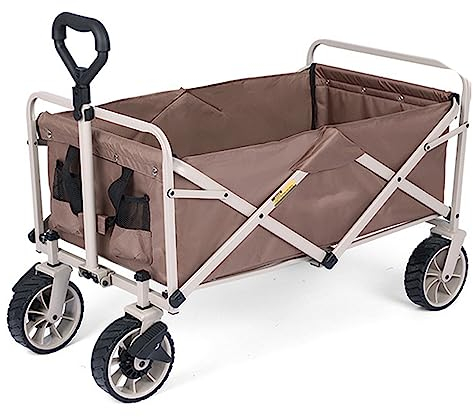 WRJAHCG Grün Bollerwagen Faltbar,Faltbar Garten Handwagen Kapazität 150L Breite Reifen Transportwagen Mit Seitentasche Campingwagen Verstellbarem Griff Und Tragkraft 80Kg,Hollow Wheels,Coffee Color