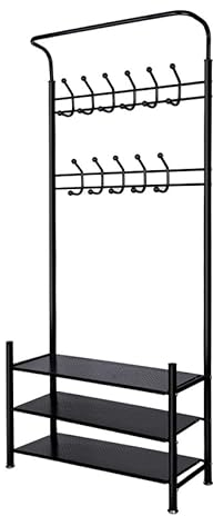 Hengsong Garderobenständer,mit Schuhregal,Kleiderstange,&,Kleiderhaken,Garderobe,Coat Stand metall,Schwarz,ca.82 x 30 x 190cm