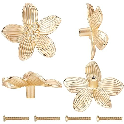 GORGECRAFT 4Stk Goldene Blumen-Schubladenknöpfe Aus Zinklegierung Kreatives Blütenblatt Küchenschrankgriff Kommodenknöpfe Möbel Schubladengriffe Griffe Mit Eisenschraube Für Schlafzimmer Wohnzimmer