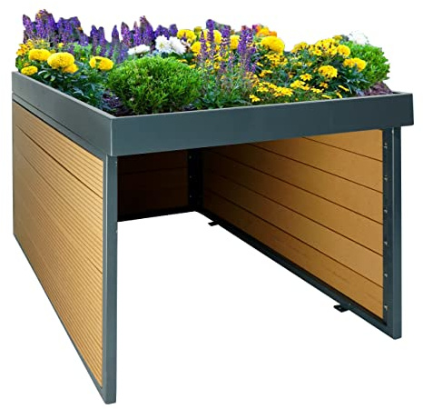 Mendler XL Mähroboter-Garage mit Pflanzkasten HWC-L45AM - Eiche-Optik | Dach, Unterstand, für Rasenmäher, WPC, Metall, 47x70x94cm