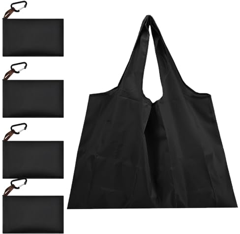 ADERTOS 4 Stück Einkaufstasche Faltbar Einkaufsbeutel mit Henkel Schwarz Stofftasche Oxford Stoffbeutel 53 x 40cm Groß Stofftragetaschen Tragetasche Waschbar Shopping Bag mit Karabiner für Einkauf