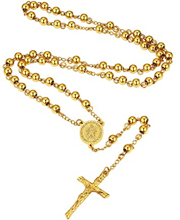 Supcare Collar Rosario Oro 18K Santa Virgen María Hombre Cadena Rosario Larga Acero Inoxidable Colgante Crucifijo Joyería Cristiana Católica Rezo Talismán