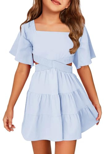 Batermoon Girls Summer Dress Square Neck Short Sleeve Crossover Waist Casual A-line Mini Dress Blue