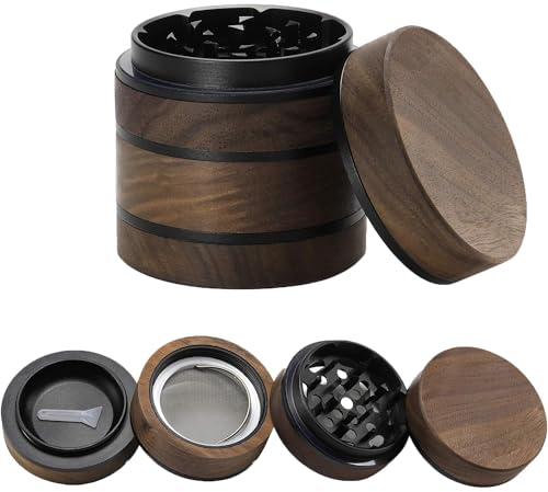 TOOSOAR Molinillo 4 en 1 de Madera de Nogal, Ø 63 mm Molinillo de Hierbas con Tapa Magnética Aleación de Aluminio Mini Grinder de Metal con Recogedor de Polen Gran Capacidad
