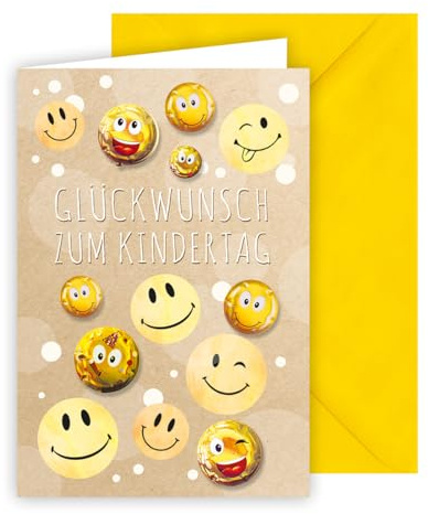 KE - Freundliche Glückwunschkarte zum Kindertag für Jungen und Mädchen, inkl. Umschlag, Kindertagskarte, DIN B6 Format, Motiv: Smileys