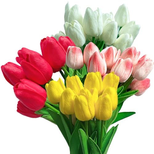 NASSMOSSE Künstliche Tulpen, 24 Stück, realistische künstliche Tulpen, 31 cm, Seidentulpen, künstliche Blumen mit Stielen für Hochzeit, Ostern, Frühling, Muttertag, Dekoration, 4 Farben
