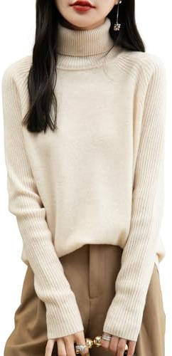 Chanyarn Mujer Jersey Cuello Alto 100% Lana Merina 2025 Otoño e Invierno Jersey de Punto de Manga Larga Tops (Beige,S)