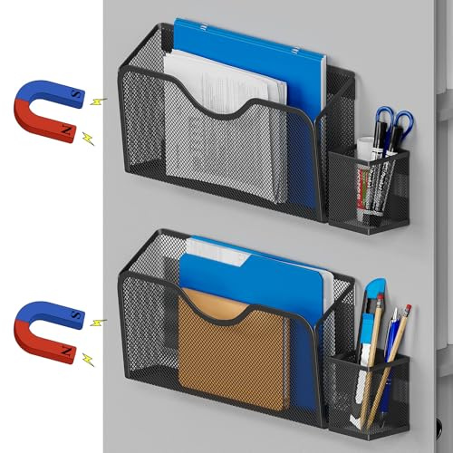 Magnetischer Aktenhalter, 2 Stück Hängender Dokumenten Organizer | Ohne Bohren montierbar mit Stifthaltern.Für Büro, Klassenzimmer und Schränke zur platzsparenden Dokumentenaufbewahrung.