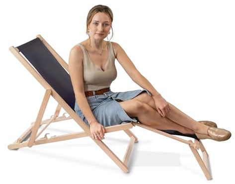 DreamRoots Liegestuhl klappbar holz mit fußteil bis zu 130 kg belastbar, 3-fach verstellbare Rückenlehne, waschbarer Polyesterbezug