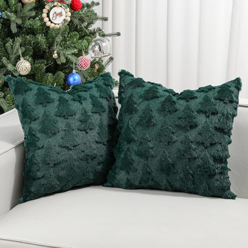 Lewondr Weihnachten Kissenbezug, 3D Baum, Grün, 45x45cm, 2 Stück | Superweiches Kunstfell, Samt auf Rückseite, Quadratischer Kissenbezug, für Wohnzimmer Bett Sofa Dekor