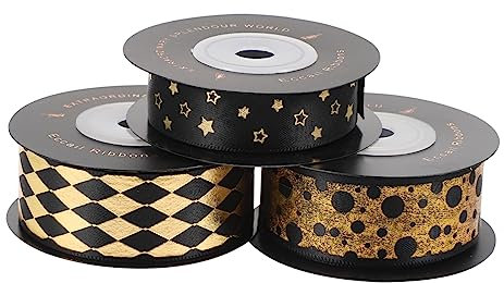 PHENOFICE 3 Rollen Geschenkband Schwarz Polyesterband 25mm 16mm Bänder Mit Gold Stanzungen Wiederverwendbares Verpackungsband Für Geschenkverpackung Dekoration Party Basteln