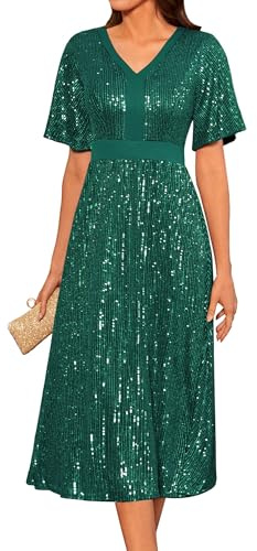 Women's Elegant Sequin Dress Short Sleeve Evening Dress V-Neck Swing Cocktail Dress A-Line Pleated Skirt Casual Dress Christmas Party L Dark Green