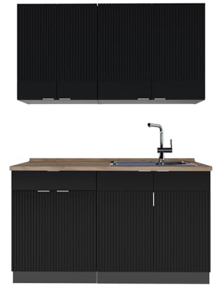 Vicco Singleküche Fame-Line, Schwarz gestreift/Anthrazit, 140 cm, AP Eiche, zur individuellen Kombination mit weiteren Modulen geeignet