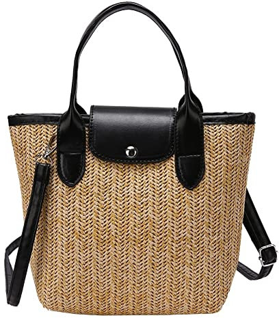 HESHUYAN Strohtasche Stroh gewebte Strandtasche, handgewebte One-Shoulder-Umhängetasche, Damenhandtasche, Einkaufstasche, handgefertigte Sommer-Strand-Reisehandtasche aus Rattan Runde Strohtasche