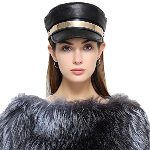 LVUNZJCA Lederhüte für Damen Männer flacher Top -Reisebereich Kadettenhut Frauen Leder Militär Cap Sailor Cap Wintermützen für Damen(L)