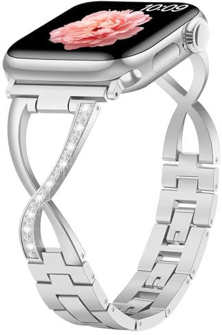 Sixmoat Metallarmband Kompatibla med Apple Watch Armband för kvinnor 38mm 40mm 41mm 42mm(serie 10), Glittrande X-format Ersättningsarmband för iWatch SE Serie 10 9 8 7 6 5 4 3 (Silver)