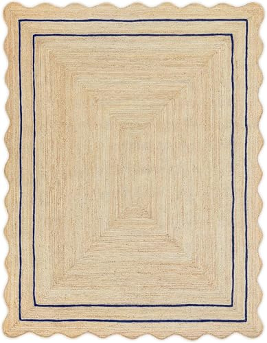 VAETUP Tappeto rettangolare realizzato a mano in iuta naturale intrecciata e bordo blu navy, 61 cm x 61 cm, per sala da pranzo, camera da letto, soggiorno, tavolo centrale