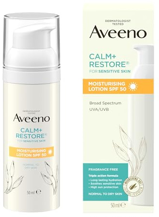 Aveeno Face CALM+RESTORE Moisturising Lotion SPF 50, 50ml - Soothes Sensitive Skin with Deep Hydration and High Sun Protection for Daily Use