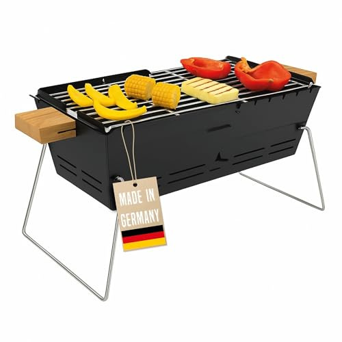Mobiler Holzkohlegrill BBQ-Gril Tragbarer Camping Grill & Feuerschale für 2–5 Personen; MADE IN GERMANY; inkl. 2 Roste aus Edelstahl für Fleisch & Gemüse; für Balkon Festival Garten Outdoor