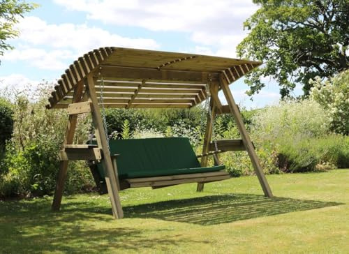 Parcel in the Attic - 2 Seat Wooden Garden Swing Chair with Canopy & Green Pad - Hammock Bench Furniture Lounger - 10 year warranty against Rot