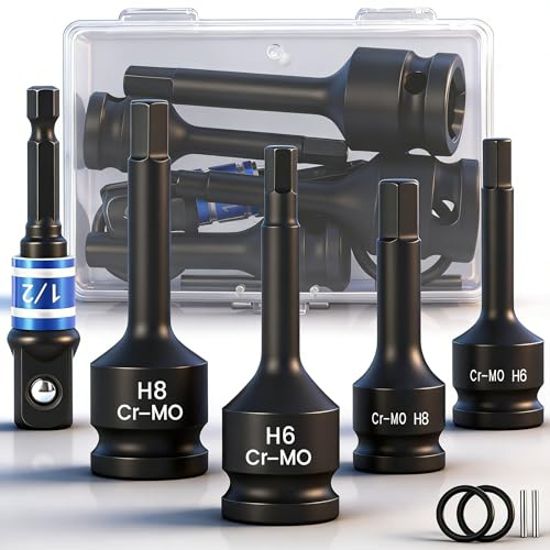 Impact Socket Adapter Set, Impact Hex Bit Sockets, 5pcs Allen Key Socket Set 6mm 8mm 3/8 and 1/2 Drive Allen Key Wrench Adapter for Automotive Drill with Storage Case
