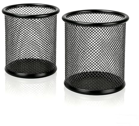 MeiLang 2 Pack Mesh Pen Pot Pencil Pot Metal Organiser Office Home School Rust Resistant Stationery Desk Accessories & Stationery Holder, Black